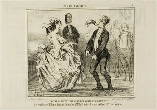 New Entertainment at the Parisian Evening Parties. The spirit of Mr. Hume shaving the beard of Monsieur de St. Potard and undoing the hair of Madame Coffignon, plate 8 from Ces Bons Parisiens