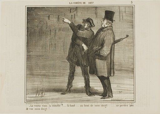 "- Can you see the comet?... just there, at the tip of my finger ... don't lose sight of my finger tip!," plate 5 from La Comète De 1857