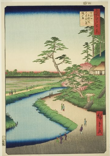Basho's Hut on Camellia Hill Beside the Aquaduct at Sekiguchi (Sekiguchi josui-bata Bashoan Tsubakiyama), from the series "One Hundred Famous Views of Edo (Meisho Edo hyakkei)"