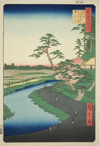 Basho's Hut on Camellia Hill Beside the Aquaduct at Sekiguchi (Sekiguchi josui-bata Bashoan Tsubakiyama), from the series "One Hundred Famous Views of Edo (Meisho Edo hyakkei)"