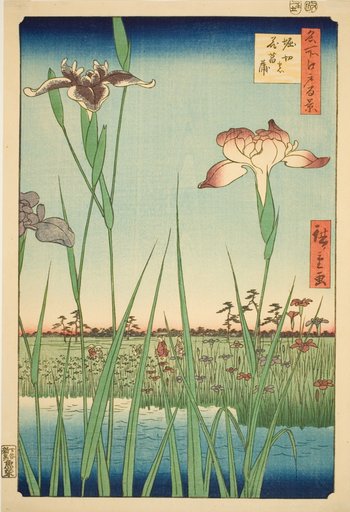 Irises at Horikiri (Horikiri no hanashobu), from the series "One Hundred Famous Views of Edo (Meisho Edo hyakkei)"