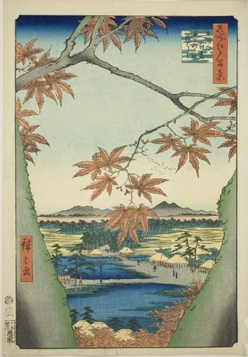 Maple Trees at Mama, Tekona Shrine and Tsugi Bridge (Mama no momiji, Tekona no yashiro, Tsugihashi), from the series "One Hundred Famous Views of Edo (Meisho Edo hyakkei)"