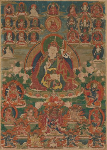 Painted Banner (Thangka) of Sage Guru Padmasambhava Seated Holding a Thunderbolt (Vajra) and Skull Cup (Kapala)