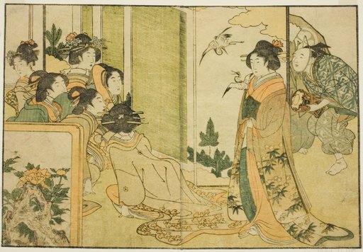 New Year Manzai Performance at a Feudal Lord's Mansion, from the illustrated book "Picture Book: Flowers of the Four Seasons (Ehon shiki no hana)," vol. 1