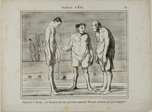 “- Baron, I have the honor of introducing you to Mr. Mérouel, one of our biggest bankers… - Baron, I have the honor of introducing you to Mr. Cascaret, one of our biggest shareholders,” plate 31 from Croquis D'été