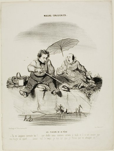 The Pleasures of Fishing. “- You are always in such a rush - Good God, we only just got here at noon and it is now only a quarter past five - Just give me a little more time, I am sure I'll end by catching one,” plate 50 from Moeurs Conjugales
