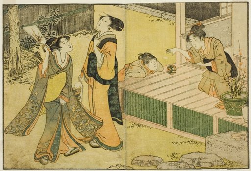 New Year Games of Shuttlecock, Battledore, and Hand Ball, from the illustrated book "Picture Book: Flowers of the Four Seasons (Ehon shiki no hana)," vol. 1