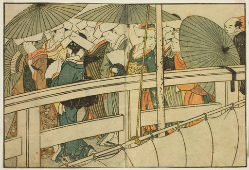 Crossing a Bridge in Summer, from the illustrated book "Picture Book: Flowers of the Four Seasons (Ehon shiki no hana)," vol. 1