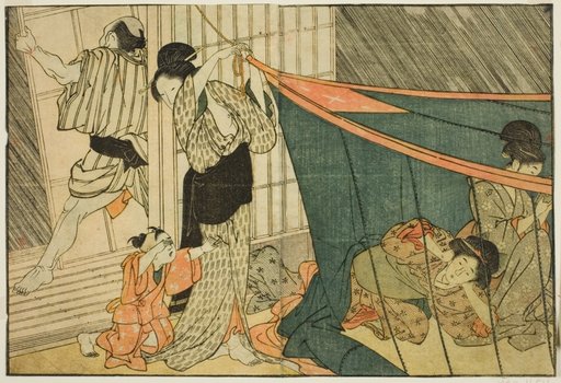 Women Inside a Mosquito Net During a Thunderstorm, from the illustrated book "Picture Book: Flowers of the Four Seasons (Ehon shiki no hana)," vol. 1