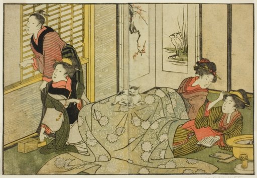 Interior Scene on a Snowy Day, from the illustrated book "Picture Book: Flowers of the Four Seasons (Ehon shiki no hana)," vol. 2
