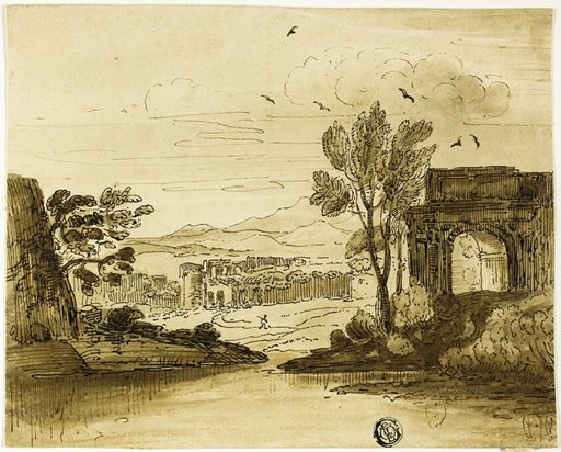 Landscape with Ruined Arch near Water, and Mountains in Distance