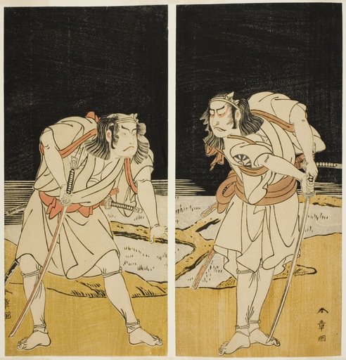 The Actors Nakamura Nakazo I as Omi no Kotoda (right), and Otani Hiroji III as Bamba no Chuda (left), in the Joruri "Sono Chidori Yowa no Kamisuki" (The Plovers: Combing Hair at Midnight), from Part Two of the Play O-atsurae-zome Soga no Hinagata (A Soga Pattern Dyed to Order), Performed at the Nakamura Theater from the Tenth Day of the Third Month, 1774