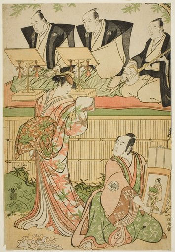 The Actors Matsumoto Koshiro IV as Ukita Sakingo and Sawamura Sojuro III as the ghost of the courtesan Takao, in the play "Ominaeshi Sugata no Hatsuaki," performed at the Nakamura Theater, 1788