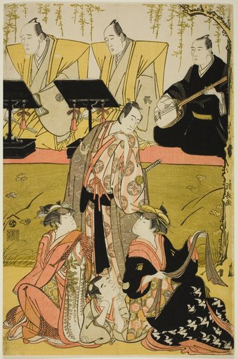 The Actors Sawamura Sojuro III as Soga no Juro, Osagawa Tsuneyo II as Oiso no Tora, Azuma Tozo III as Miura Katagai, and Otani Tokuji I as Danzaburo, in the joruri "Chidorigake Koi no Tamaboko," performed at the Ichimura Theater in the first month, 1784