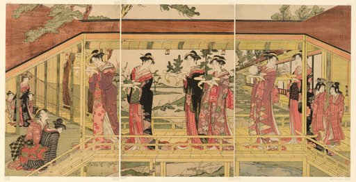 A procession of women holding shimadai decorations