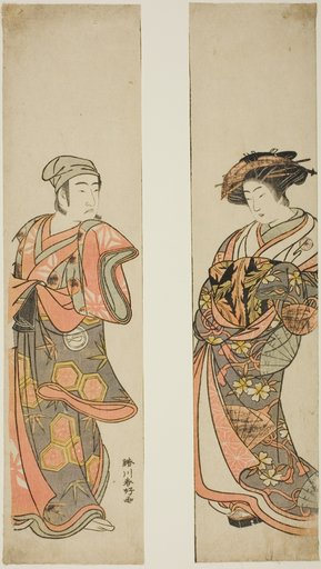 The Actor Nakamura Tomijuro I as a courtesan (right) and Sawamura Sojuro III as Oyamada Taro (?) disguised as Tarosaku of Oyamada Village (left) in the play "Azuma no Mori Sakae Kusunoki," performed at the Ichimura Theater in the eleventh month, 1779
