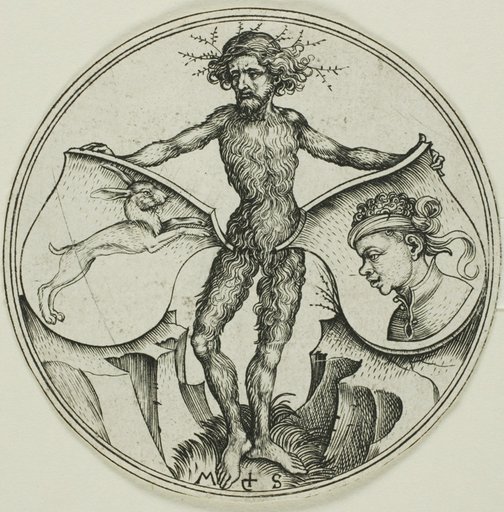 Two Shields with a Hare and a Moor's Head, Held by a Wild Man
