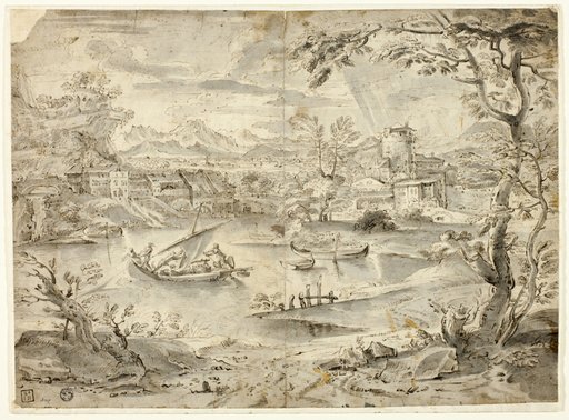 View of City with Fishing Boat in Foreground