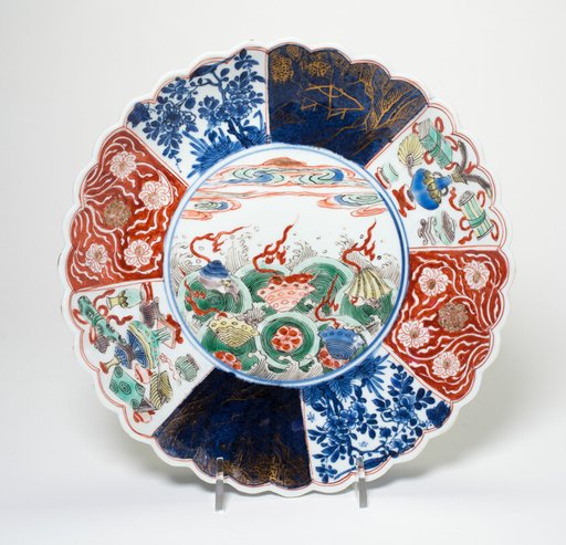 Dish with Flowers, Buddhist Emblems, Waves, Coral, and Clouds