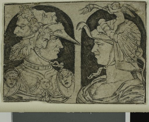Two Warriors, One with a Winged Genie on His Helmet