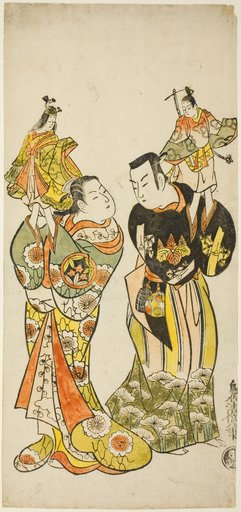 The Actors Yamashita Kinsaku I and Hayakawa Hatsuse as puppeteers in the play "Diary Kept on a Journey by Sea to Izu" ("Funadama Izu Nikki"), performed at the Nakamura Theater in the first month, 1725