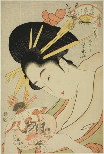The Courtesan Hanahito of the Ogiya and attendants Sakura and Momiji, from the series "Beauties of the Five Festivals (Bijin gosekku)"