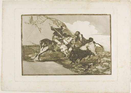 The Way in which the ancient Spaniards Hunted Bulls on Horseback in the Open Country, plate one from The Art of Bullfighting