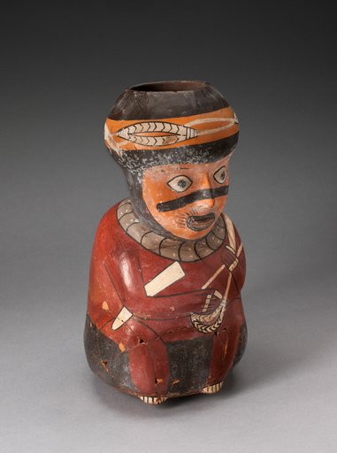 Jar in the Form of a Seated Warrior Holding a Sling and Club