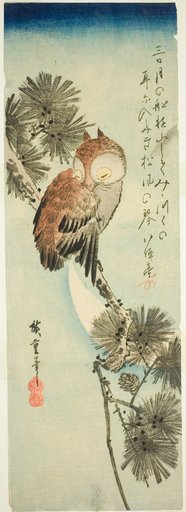 Small-horned owl, pine, and crescent moon