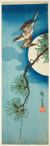 Cuckoo, pine branch, and full moon