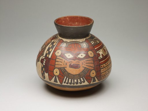 Collared Jar Depicting Costumed Ritual Performer Holding Checkerboard Staff