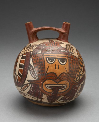 Double Spout Vessel Depicting Figure Costumed as Pampas Cat with Bean Motifs