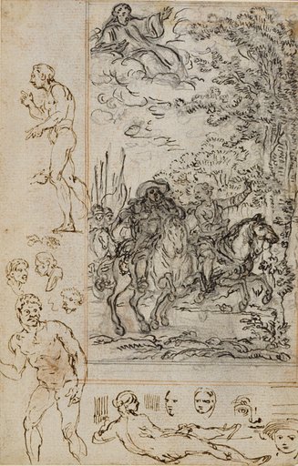 Study for Vignette in Voltaire's "La Pucelle d'Orleans", with Sketches of Heads and Nude Figures