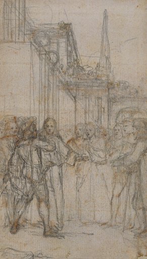 Literary Illustration: Man with Sword Confronting Group of Figures Before Building