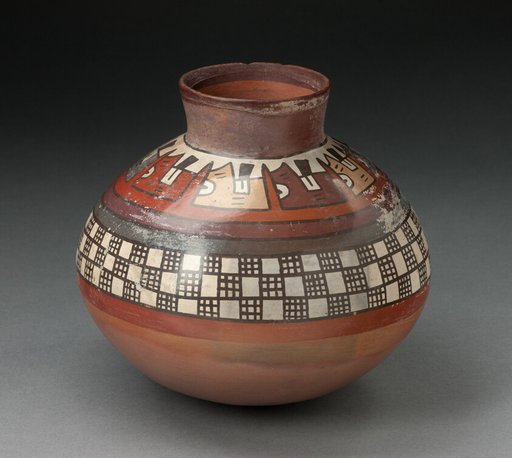 Jar with Rows of Checkerboard Pattern and Abtract Plants