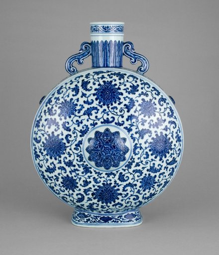 Moon Flask (Bianhu) with Lotus Scroll and Central Floret,Ruyi Mushrooms (base) and Plantain Leaves