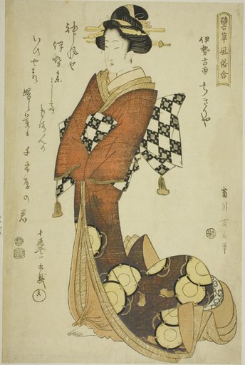 Courtesan of the Chikiriya in Furuichi, Ise Province, from the series "Comparison of Proverbs and Customs (Tatoegusa fuzoku awase)"
