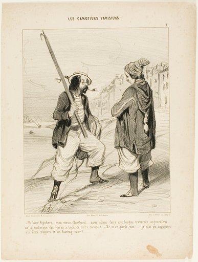 “- All right Rigobert, my old friend.... we are going to make a long trip today.... did you bring enough provisions on board of our vessel? - Don't talk about it.... all I was able to bring along are two biscuits and a red herring,” plate 1 from Les Canotiers Parisiens