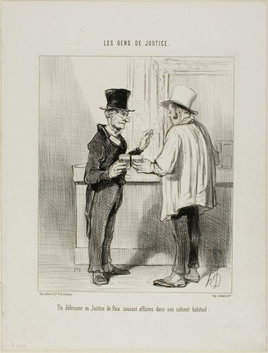 A defence lawyer at the Court of Arbitration discussing business at his usual office premises, plate 27 from Les Gens De Justice