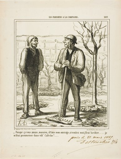 “- You seems to enjoy doing my work. In exchange I could offer doing your job: I will go for a ride in your coach!,” plate 249 from Les Parisiens A La Campagne