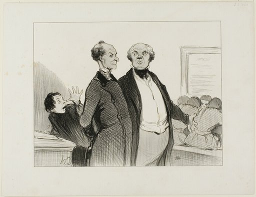 “- As you can see, Monsieur, I have enforced in my school perfectly good discipline. You cannot imagine to what extent I succeeded implanting in these young scholars a deep sentiment of respect towards their teacher,” plate 23 from Professeurs Et Moutards