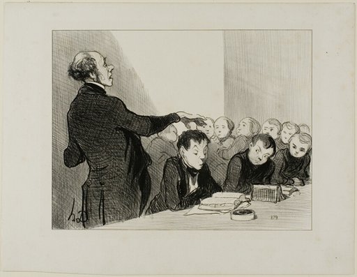 “You remember now that young Cabassol is far too good in translation that I would allow anyone in this class to molest him... he is under my immediate protection! At the final exams it is he who will hold up the honour of Bilboquet High school,” plate 32 from Professeurs Et Moutards