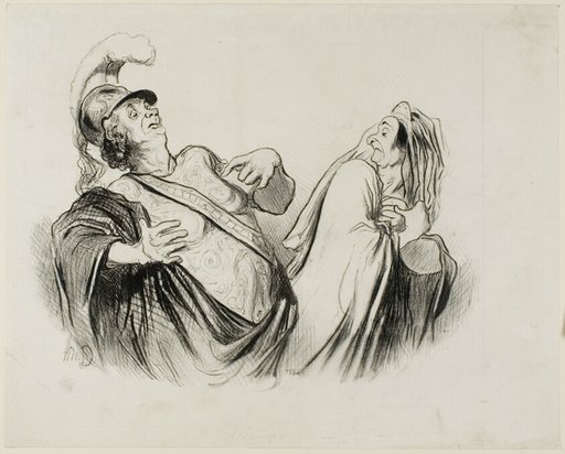 Merope. “A soldier of my stature is quite able to run the state once defended with so much fun,” plate 2 from Physionomies Tragiques (recto); Provost. (dans le Puff - Thtre Français) "Le Puff, est l'art de semer et de faire èclore á son profit la chose qui n'est pas" (verso)