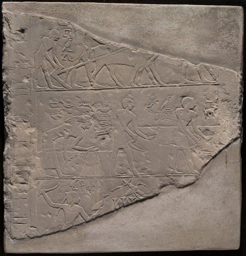 Fragment of a Stela Depicting Plowing, Harvesting, and Fowling