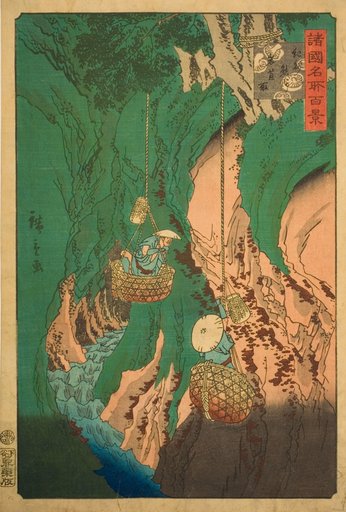 Mushroom Gathering at Kumano in Kii Province (Kishu Kumano iwatake tori) from the series “One Hundred Famous Views in the Various Provinces (Shokoku meisho hyakkei)”