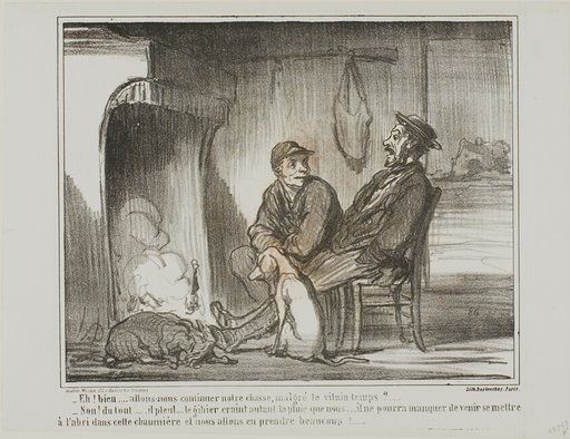 “- Now what? Are we going to continue hunting during the rain? - Not at all! The animals are just as afraid of the rain as we are. They might not be able to find this shelter, and we would end up losing too many of them!,” plate 5 from Croquis De Chasse
