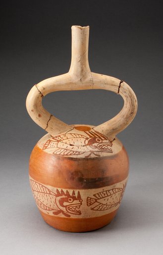 Stirrup Vessel Depicting Bands of Abstract Fish