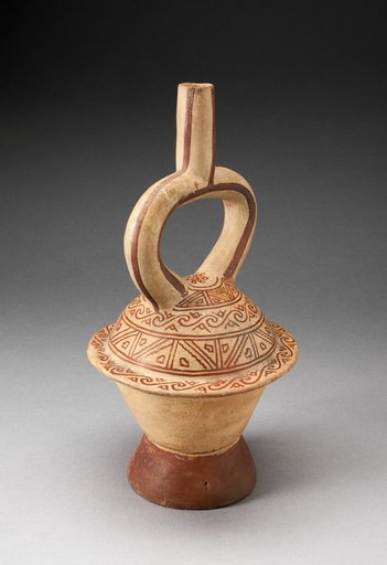 Stirup Spout Vessel in Form of a Covered Bowl with Geometric Patterning