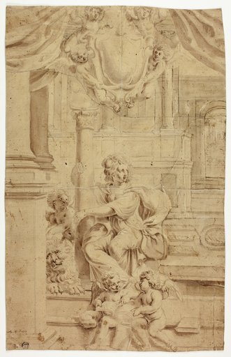 Allegorical Figure of Fortitude, with Coat of Arms Above
