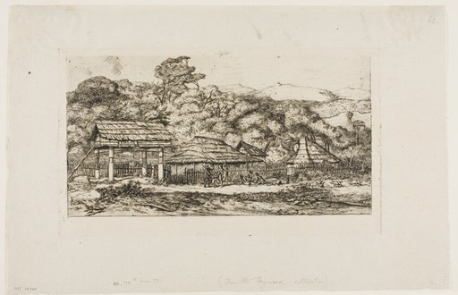 Native Barns and Huts at Akaroa, Banks' Peninsula, 1845